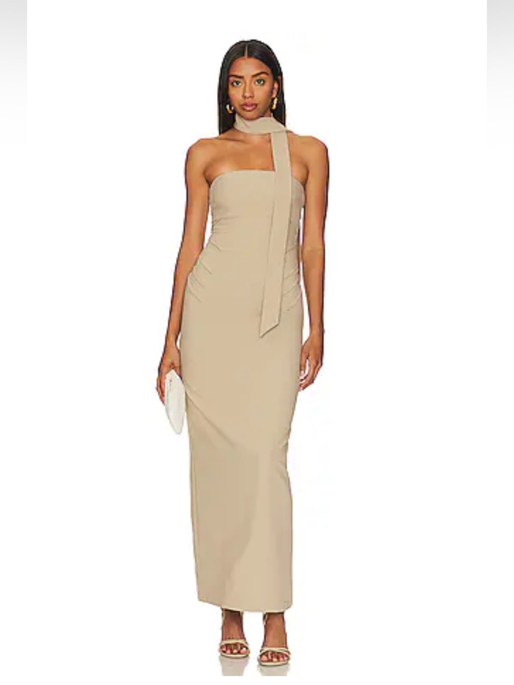 Strapless Maxi Dress with Neck Tie in Beige SIZE XS